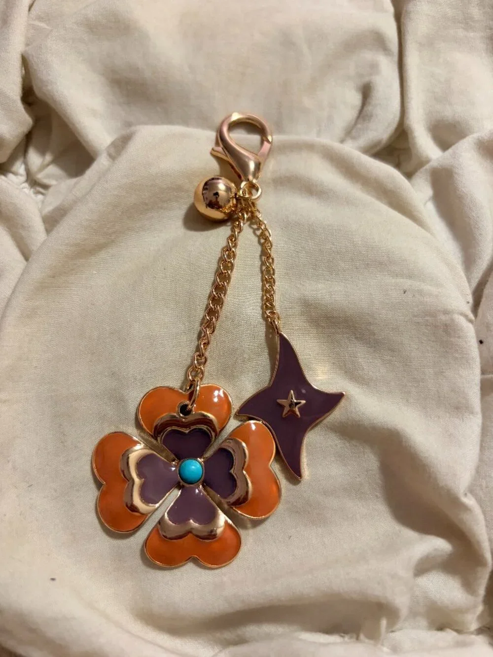 Free People Whimsigothic Orange and Purple Enamel Clover Star Bag Charm Keychain